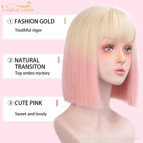 Vigorous Ombre Pink Wigs Straight Short Cosplay Costume Wigs for Women with Bangs Blonde Roots Heat Resistant Synthetic Wig